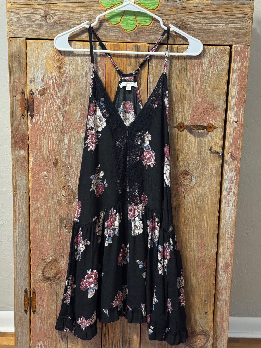 Don’t Ask Why Black Floral Sundress with Lace Trim, ruffle hem, One Size
